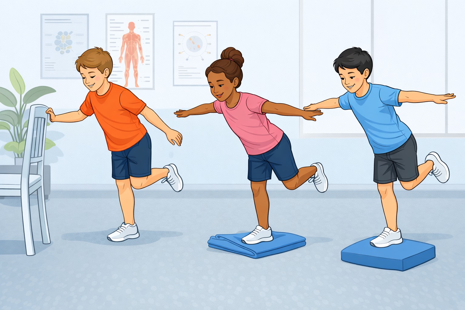 3 kids doing a single leg stand