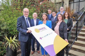 Key speakers from the MACE Event gathering together to celebrate the success of the project on 27th April at the Four Season’s Hotel in Co. Monaghan. Pictured (L-R) Neil Guckian (CAWT Director General and CEO of WHSCT), Tom Cassidy (MACE Project Chair, Director of Women and Children’s Services, WHSCT), Sarah Travers (Event Host), Cormac Quinlan (Assistant National Director for Practice Reform and Change, Tusla), Peter Toogood (Deputy Secretary Social Care Policy, Dept. of Health NI), Helen Donaldson (Interim Director, SEUPB Joint Secretariat), Cathal Grant (Senior Manager PPFS Cavan & Monaghan, Tusla) and Brigid McGinty (MACE Project Manager, CAWT).