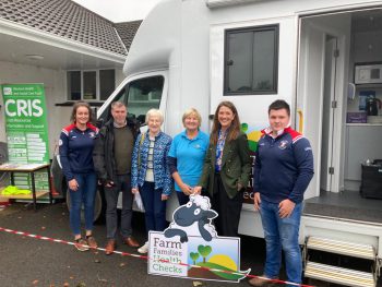 (L-R) Rebecca Clarke, Seskinore Young Farmers Club, Gerard Treacy, DAERA, Vina Cochrane, Participant at Health Checks Service, Helen McAuley, Farm Families Health Checks Nurse, Siobhan O’Donnell, Senior Manager, Health Improvement, Equality and Involvement, WHSCT, Joshua Keys, Seskinore Young Farmers Club at the launch of Autumn health checks programme on Thursday 5th of October 2023 at Seskinore Young Farmers Hall.