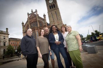 The Mayor Lillian Seenoi-Barr pictured with staff from The Valley Centre, Derry during their visit to the Guildhall on Tuesday morning.