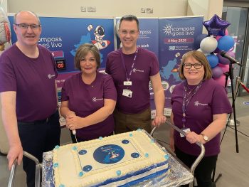 • Pictured at the official Go-Live with encompass launch, the digital health care record system at Altnagelvin Hospital, Derry/Londonderry this morning at 4am are from left to right: CAKE CUTTING - Western Trust Chief Executive Neil Guckian, Paula McGuinness encompass Programme Lead, Dr Neil Black Chief Clinical Information Officer and Teresa Molloy, Director of Planning, Performance, and Corporate Services at the Western Trust and Senior Responsible Officer for encompass.