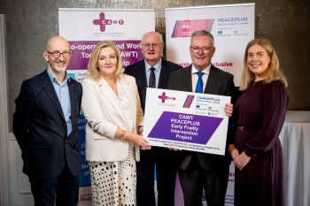 Launching the CAWT PEACEPLUS ‘Early Frailty Intervention Project’ are (from left to right): Dr Martin Vernon, Associate Medical Director, Tameside & Glossop Integrated Care NHS Foundation Trust and Honorary Professor, Centre for Ageing and Mental Health, University of Chester; Gina McIntyre, Chief Executive Officer, Special EU Programmes Body; Pat Healy, National Director, HSE Ireland and Director General of the CAWT Partnership; Mike Nesbitt, MLA, Minister for Health, Department of Health (Northern Ireland) and Cathy McCloskey, Chief Officer, CAWT.