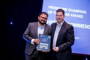 Dr Ashish Alexander Speciality Doctor Anaesthetist Altnagelvin Highly Commended Frontline Champion presented by Brendan Lavery