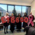 Staff with numbers donating £16600 to a breast cancer charity