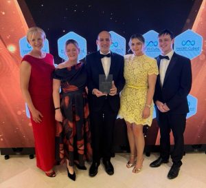 Lesley Mitchell (AD Nursing); Lorna Cairns (Consultant Oncology Pharmacist), Dr Hossam Abdulkhalek (Divisional Clinical Director of cancer and diagnostic services); Noella Madden (Interim Assistant Director Cancer and Clinical Services), David Curtin (Service Manager, Oncology & Haematology, Cancer Services) at Ni Healthcare Awards